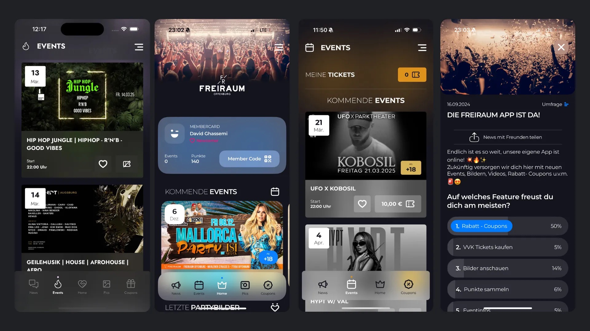 Vier Screens der FREIRAUM-Offenburg-App auf Basis von clubscale: Eventliste, Membercard mit Punkten, kommende Events mit Tickets und News mit Umfrage